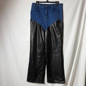 Bebe Blue Denim with Faux Leather Flare Bottom